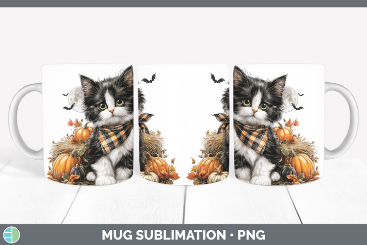 Tuxedo Cat Mug Wrap Cats Halloween Bandana Sublimation Coffe