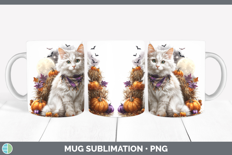 White Cat Mug Wrap Cats Halloween Bandana Sublimation Coffee