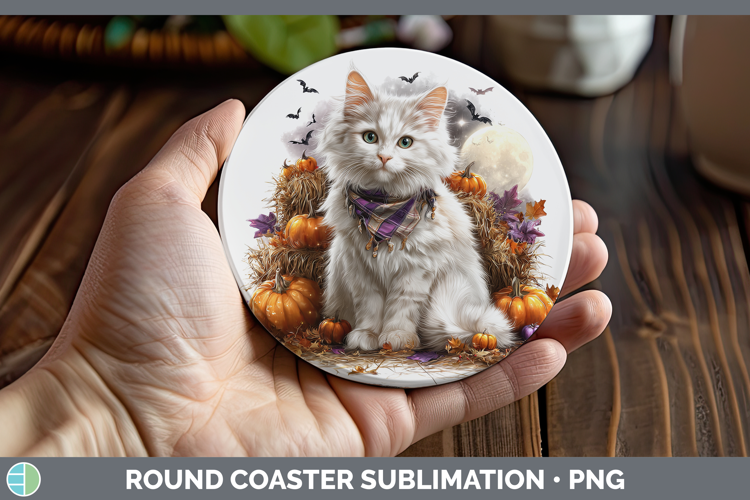 White Cat Round Coaster Cats Halloween Bandana Sublimation C