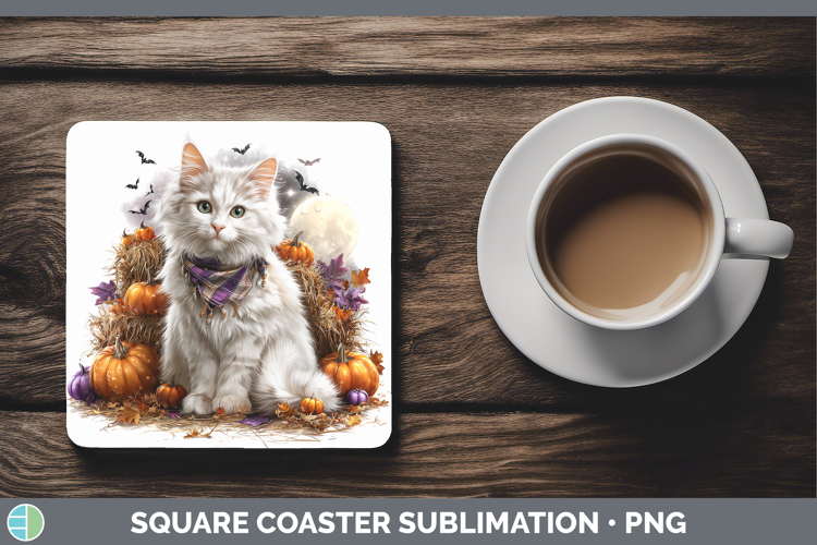 White Cat Square Coaster Cats Halloween Bandana Sublimation