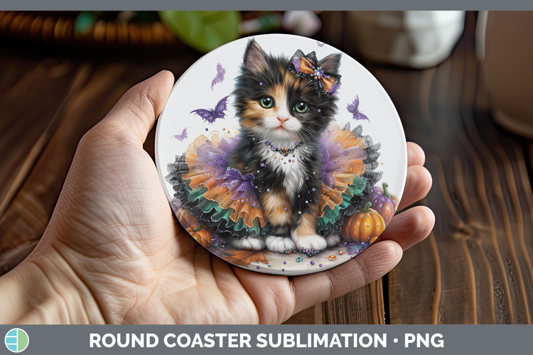 Cats Halloween Calico Cat Round Coaster Sublimation Coaster
