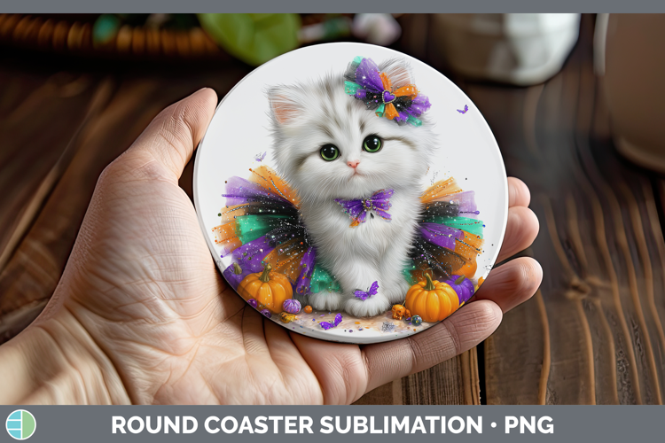 Cats Halloween White Cat Round Coaster Sublimation Coaster D