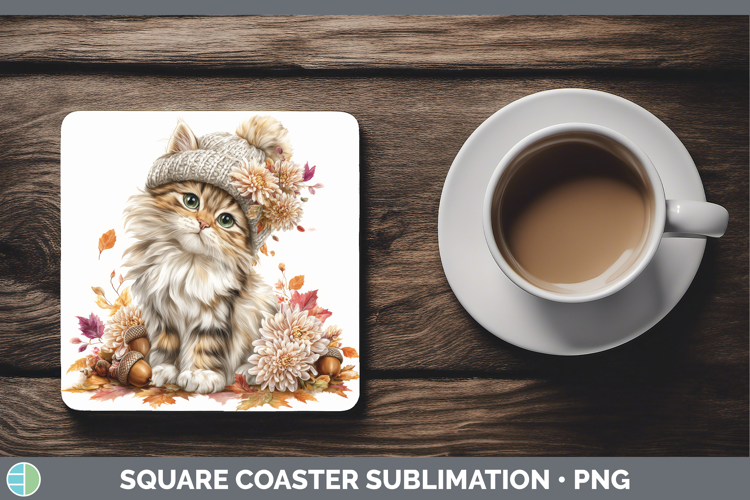 Angora Cat Square Coaster Cats Knit Hat Sublimation Coaster