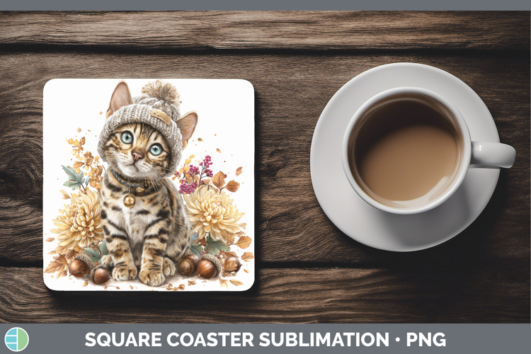 Bengal Cat Square Coaster Cats Knit Hat Sublimation Coaster