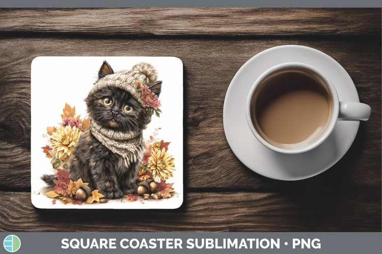 Black Cat Square Coaster Cats Knit Hat Sublimation Coaster D