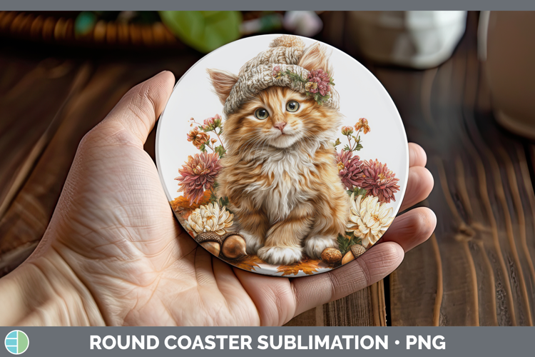 Orange Cat Round Coaster Cats Knit Hat Sublimation Coaster D