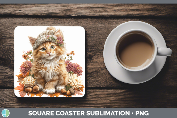 Orange Cat Square Coaster Cats Knit Hat Sublimation Coaster
