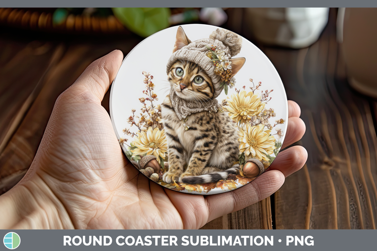 Savannah Cat Round Coaster Cats Knit Hat Sublimation Coaster