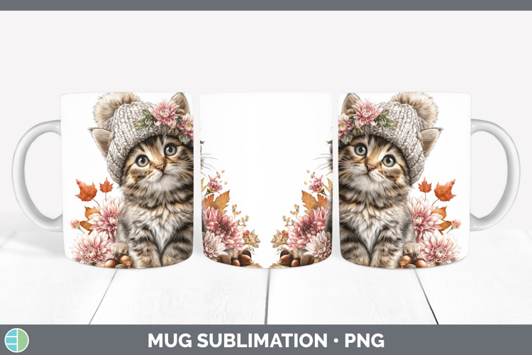 Tabby Cat Mug Wrap Cats Knit Hat Sublimation Coffee Cup Desi