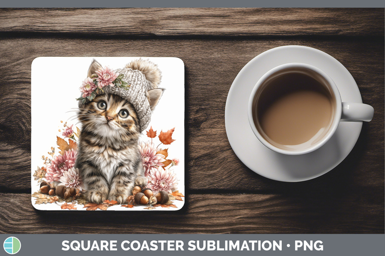 Tabby Cat Square Coaster Cats Knit Hat Sublimation Coaster D
