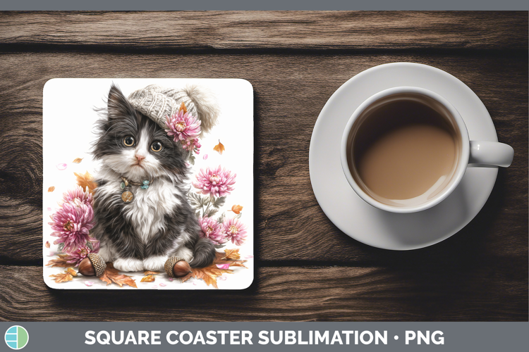 Tuxedo Cat Square Coaster Cats Knit Hat Sublimation Coaster