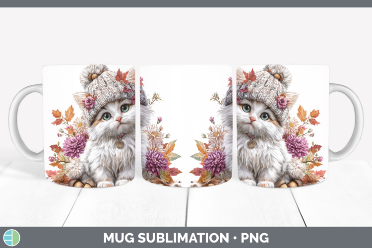 White Cat Mug Wrap Cats Knit Hat Sublimation Coffee Cup Desi