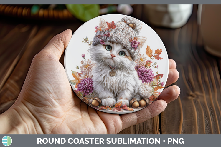 White Cat Round Coaster Cats Knit Hat Sublimation Coaster De