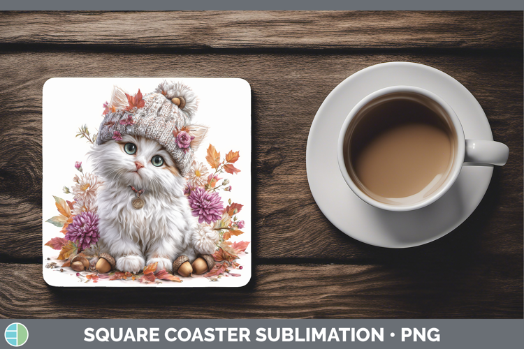 White Cat Square Coaster Cats Knit Hat Sublimation Coaster D