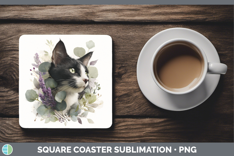 Tuxedo Square Coaster Cats Lavender and Eucalyptus Sublimati