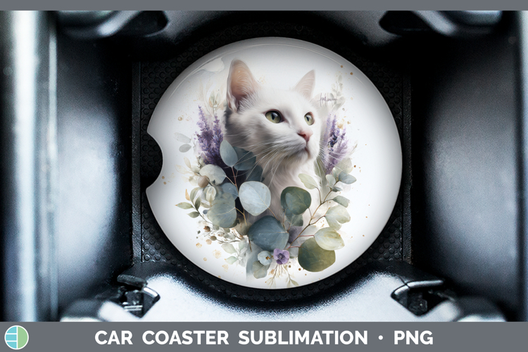 White Car Coaster Cats Lavender and Eucalyptus Sublimation