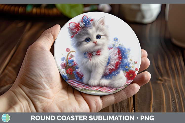 Cats Patriotic Angora Cat Round Coaster Sublimation Coaster