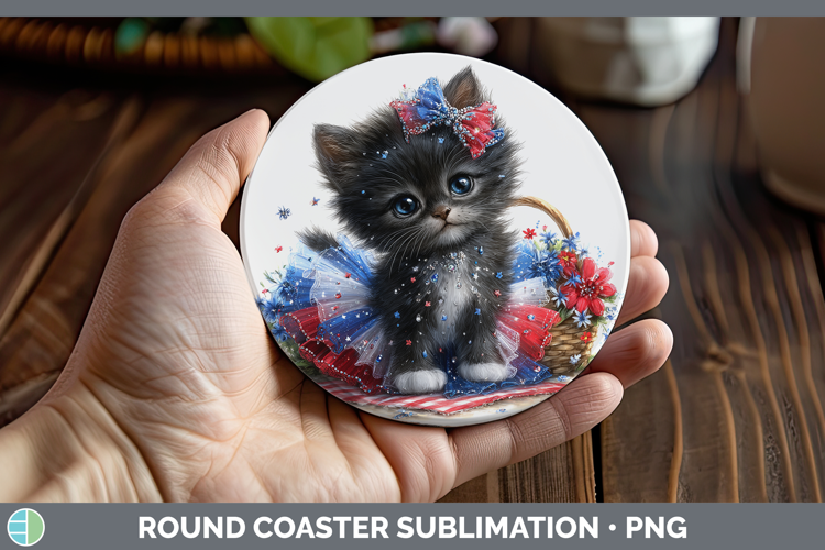 Cats Patriotic Black Cat Round Coaster Sublimation Coaster D