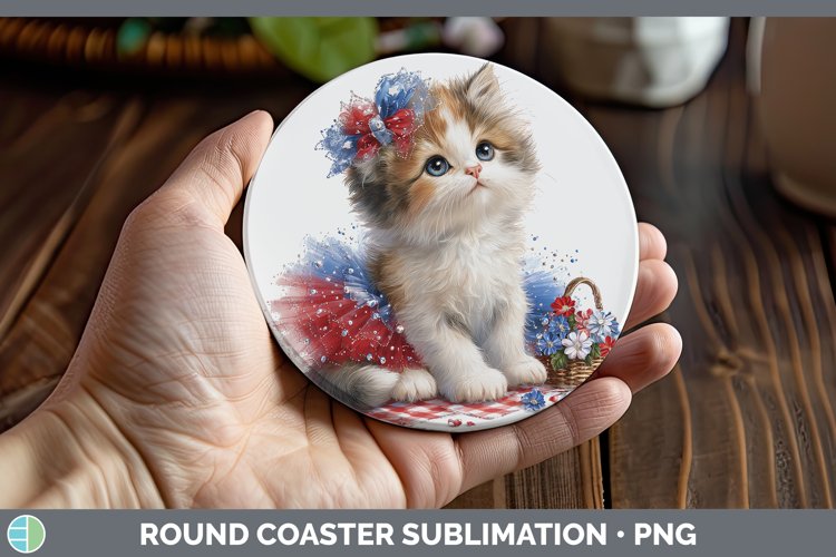 Cats Patriotic Calico Cat Round Coaster Sublimation Coaster