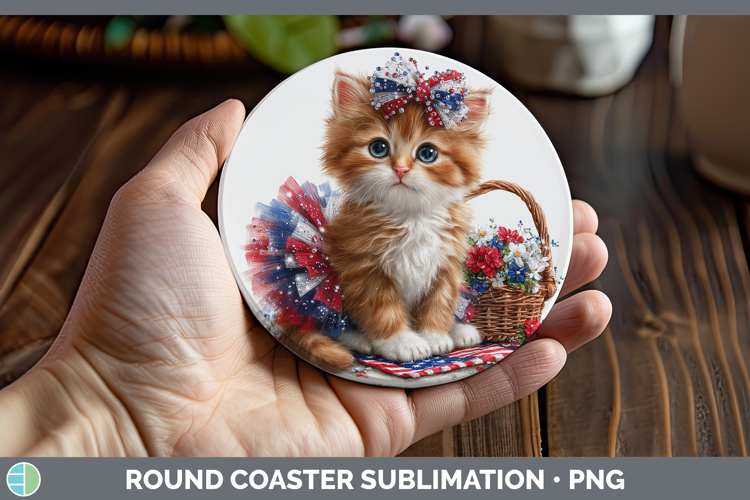 Cats Patriotic Orange Cat Round Coaster Sublimation Coaster