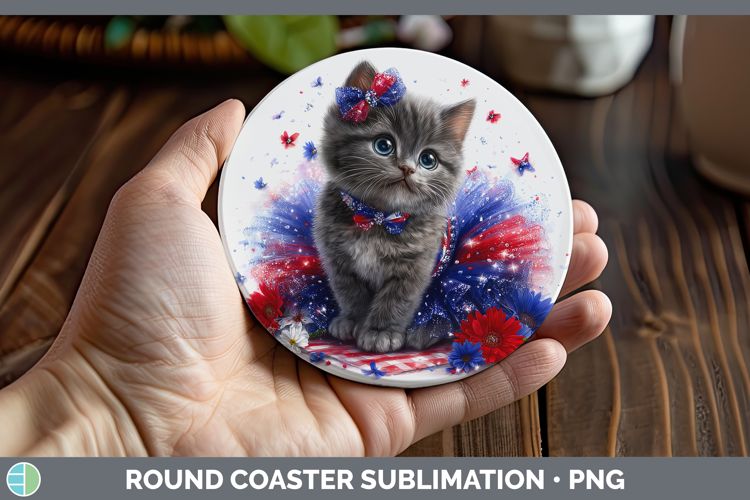 Cats Patriotic Russian Blue Cat Round Coaster Sublimation Co