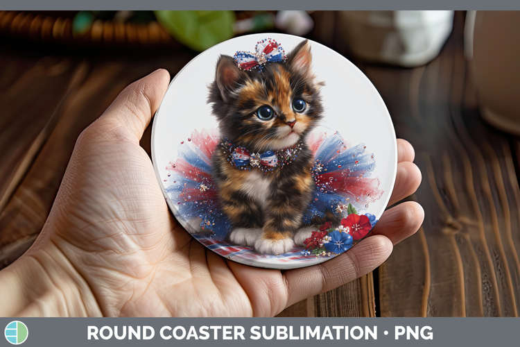 Cats Patriotic Tortoiseshell Cat Round Coaster Sublimation C