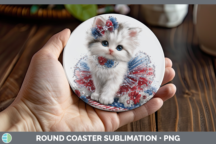 Cats Patriotic White Cat Round Coaster Sublimation Coaster D