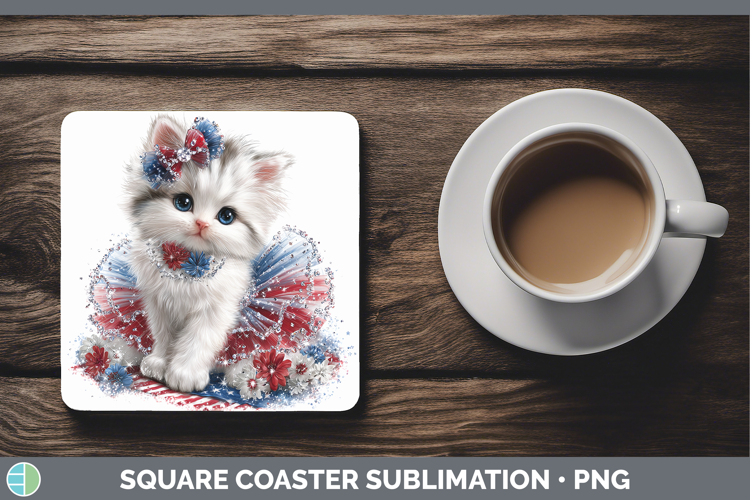 Cats Patriotic White Cat Square Coaster Sublimation Coaster