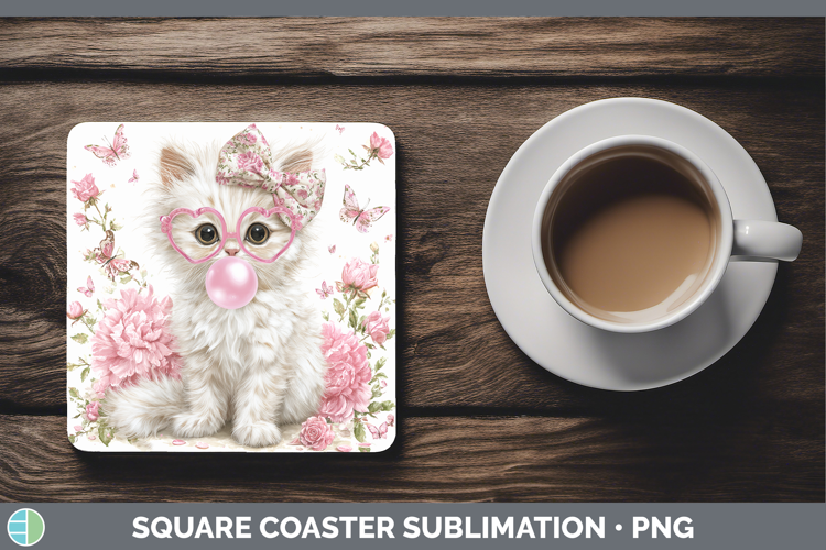 Angora Cats Pink Bubble Gum Square Coaster Sublimation Desig