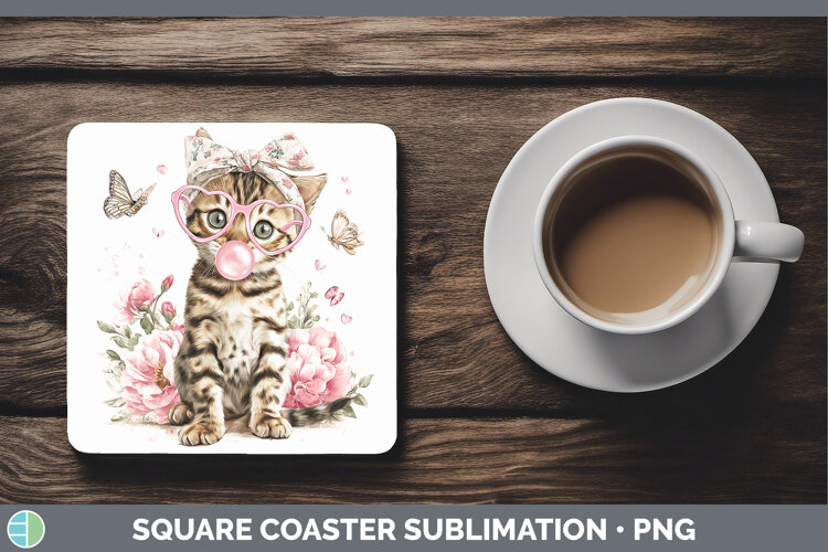 GorgeousCats Pink Bubble Gum Square Coaster design.
