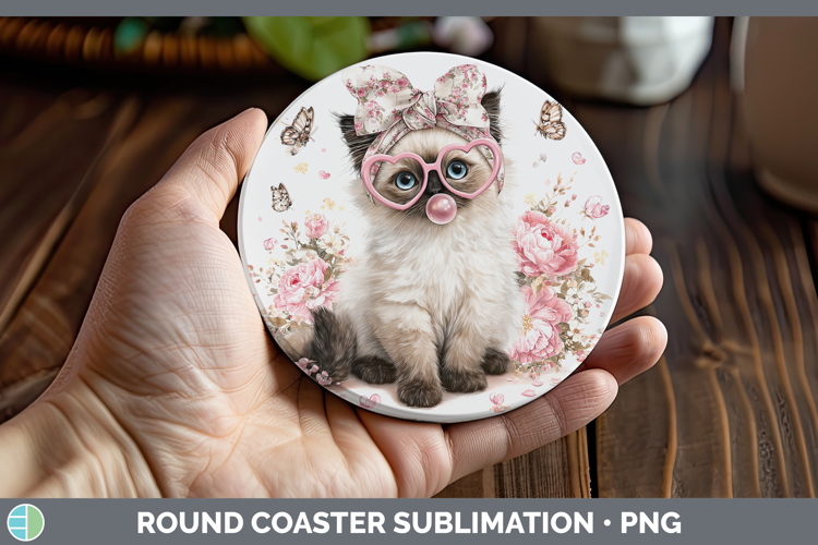Birman Cats Pink Bubble Gum Round Coaster Sublimation Design