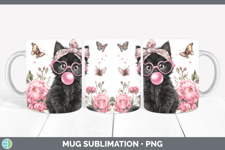 Black Cats Pink Bubble Gum Mug Wrap Sublimation Design