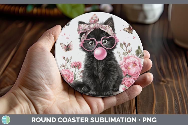 Black Cats Pink Bubble Gum Round Coaster Sublimation Design