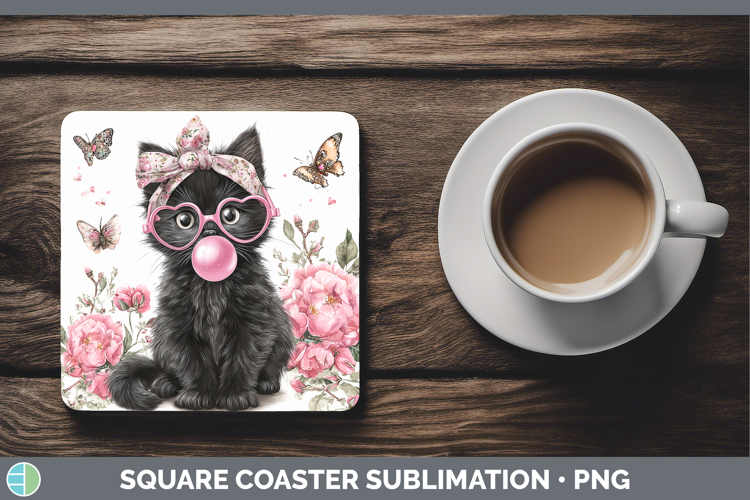 Black Cats Pink Bubble Gum Square Coaster Sublimation Design