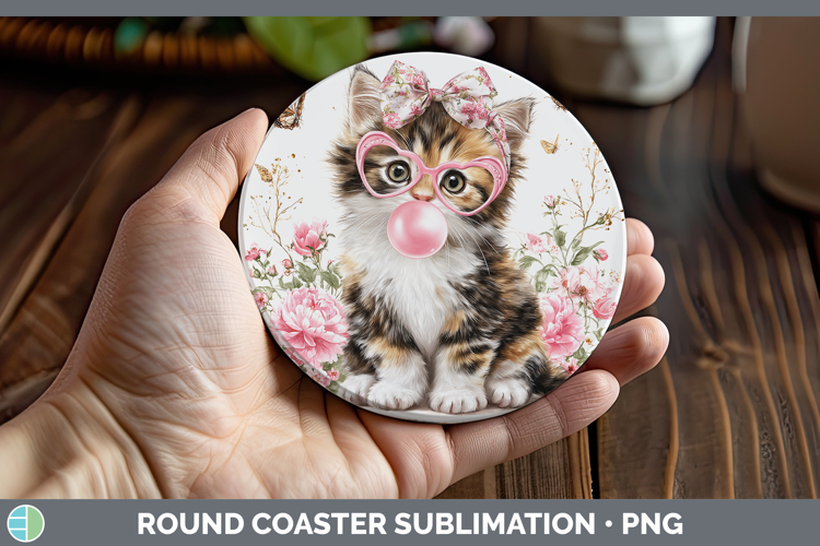 Calico Cats Pink Bubble Gum Round Coaster Sublimation Design