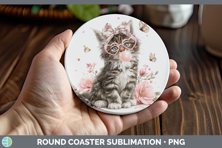 Maine Coon Cats Pink Bubble Gum Round Coaster Sublimation De