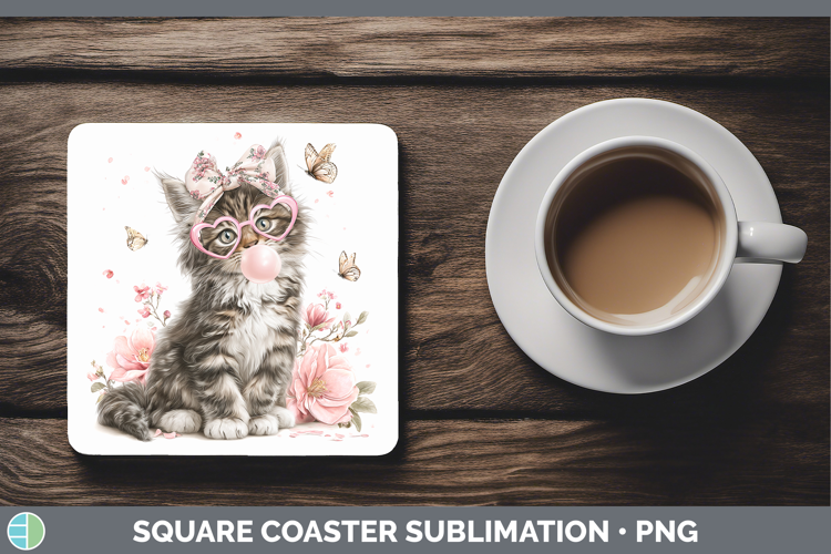 Maine Coon Cats Pink Bubble Gum Square Coaster Sublimation D