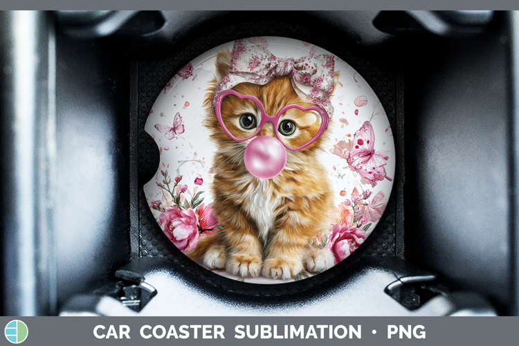 Orange Cats Pink Bubble Gum Car Coaster Sublimation Design