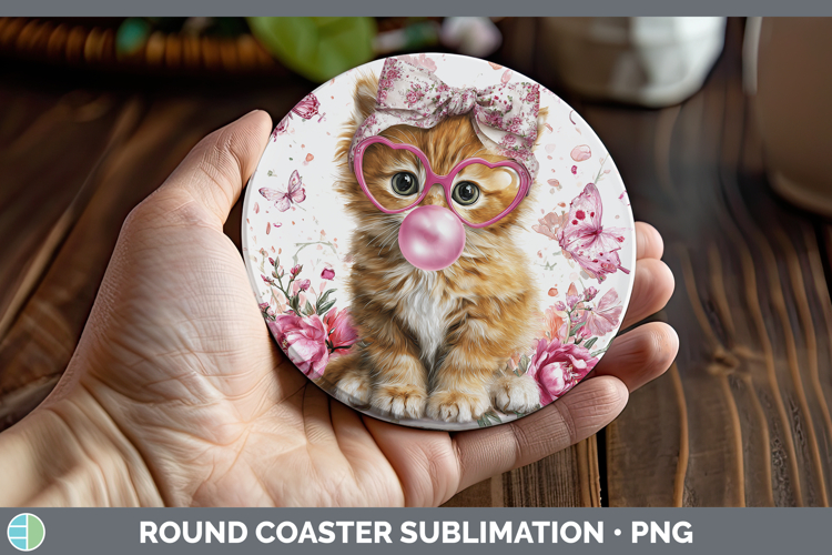 Orange Cats Pink Bubble Gum Round Coaster Sublimation Design