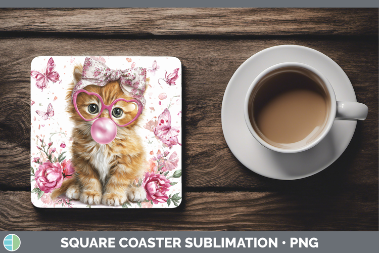 Orange Cats Pink Bubble Gum Square Coaster Sublimation Desig