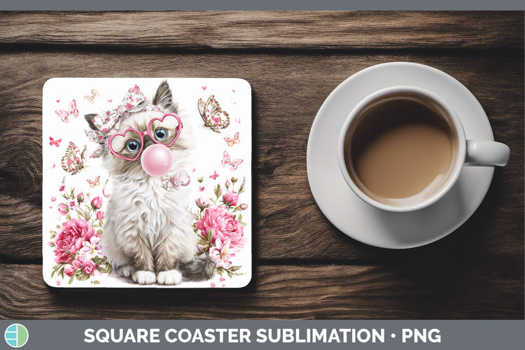 Ragdoll Cats Pink Bubble Gum Square Coaster Sublimation Desi
