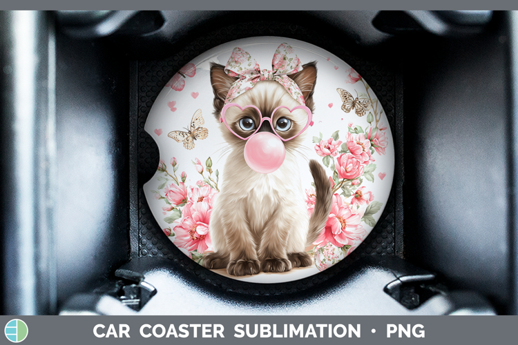 Siamese Cats Pink Bubble Gum Car Coaster Sublimation Design