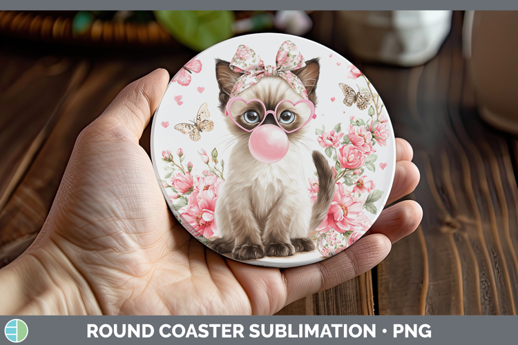 Siamese Cats Pink Bubble Gum Round Coaster Sublimation Desig