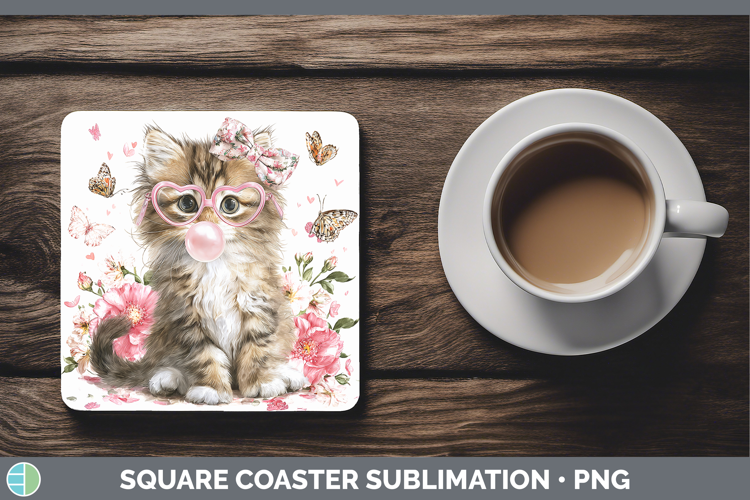 Siberian Cats Pink Bubble Gum Square Coaster Sublimation Des