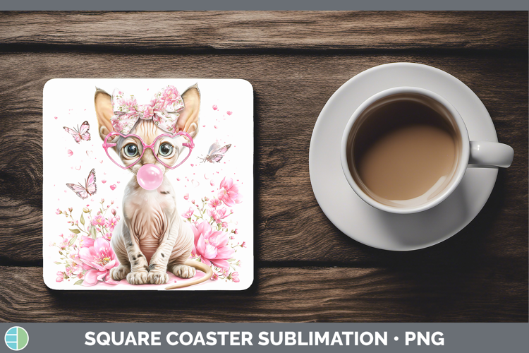 Sphynx Cats Pink Bubble Gum Square Coaster Sublimation Desig