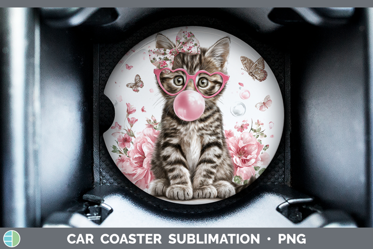 Tabby Cats Pink Bubble Gum Car Coaster Sublimation Design