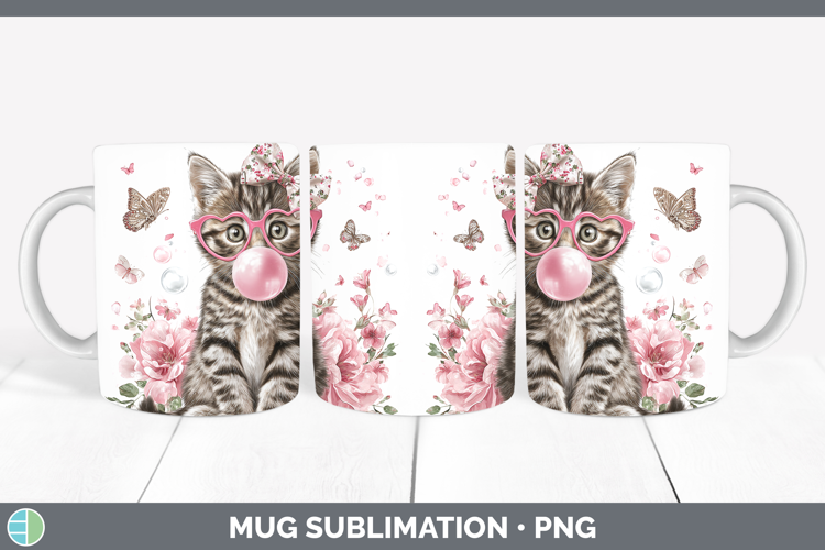 Tabby Cats Pink Bubble Gum Mug Wrap Sublimation Design