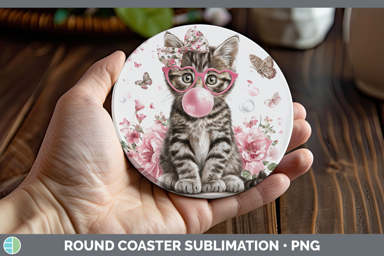 Tabby Cats Pink Bubble Gum Round Coaster Sublimation Design