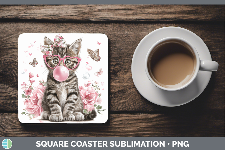 Tabby Cats Pink Bubble Gum Square Coaster Sublimation Design