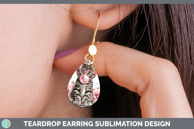 Tabby Cats Pink Bubble Gum Teardrop Earrings Sublimation Des